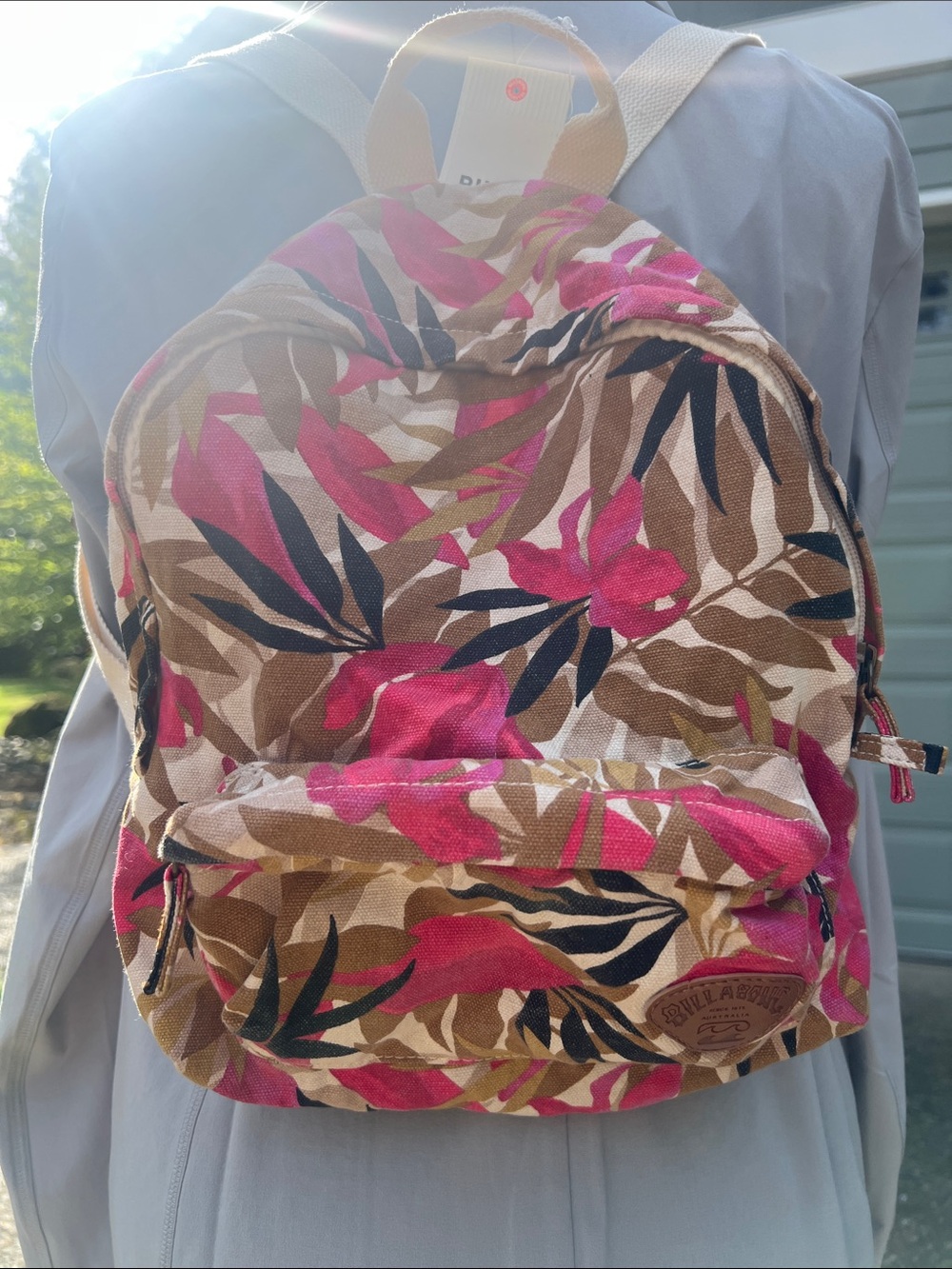 Billabong Pink Floral Canvas Backpack with Brown Accents mini Mama